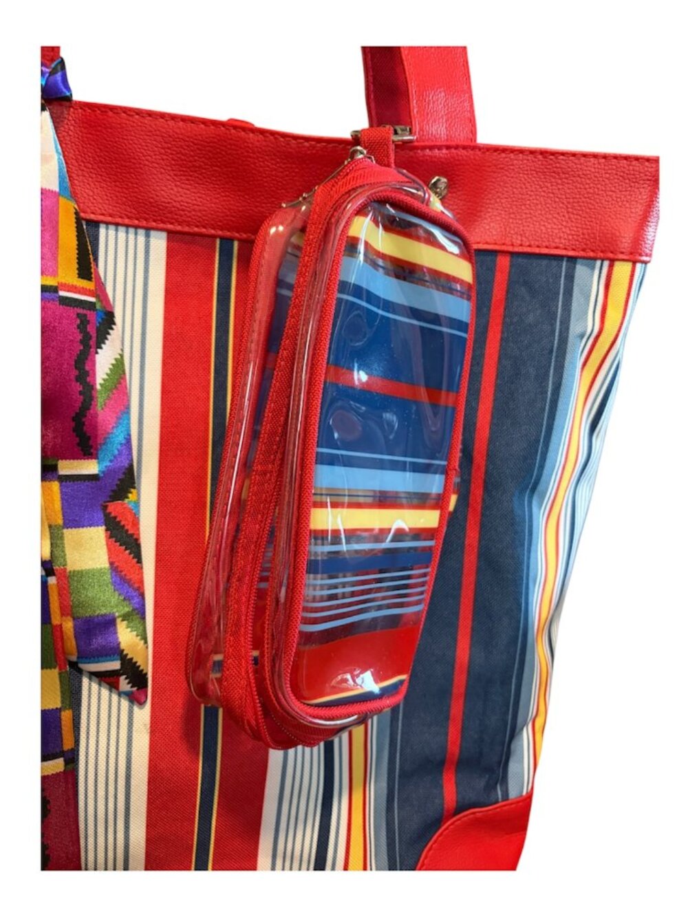 LOW START LANCOME TOTE BAG IN RED, BLUE, WHITE, YELLOW STRIPES - Picture 2 of 5